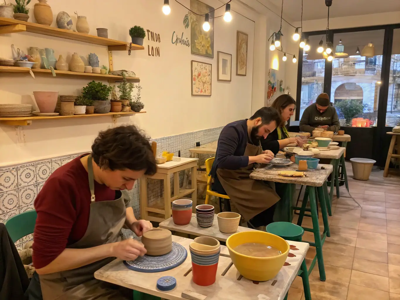 A hands-on sculpture workshop with participants shaping clay under the guidance of an instructor, learning sculpture techniques.
