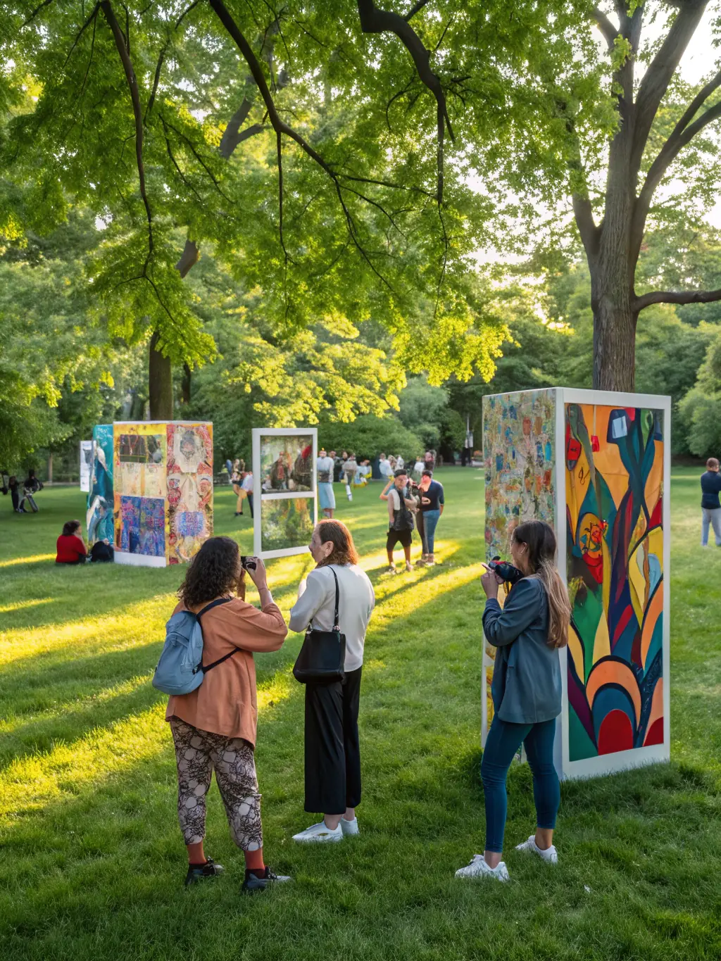A photograph of a public sculpture event, featuring an outdoor sculpture display with people interacting with the artworks in a park or public space.