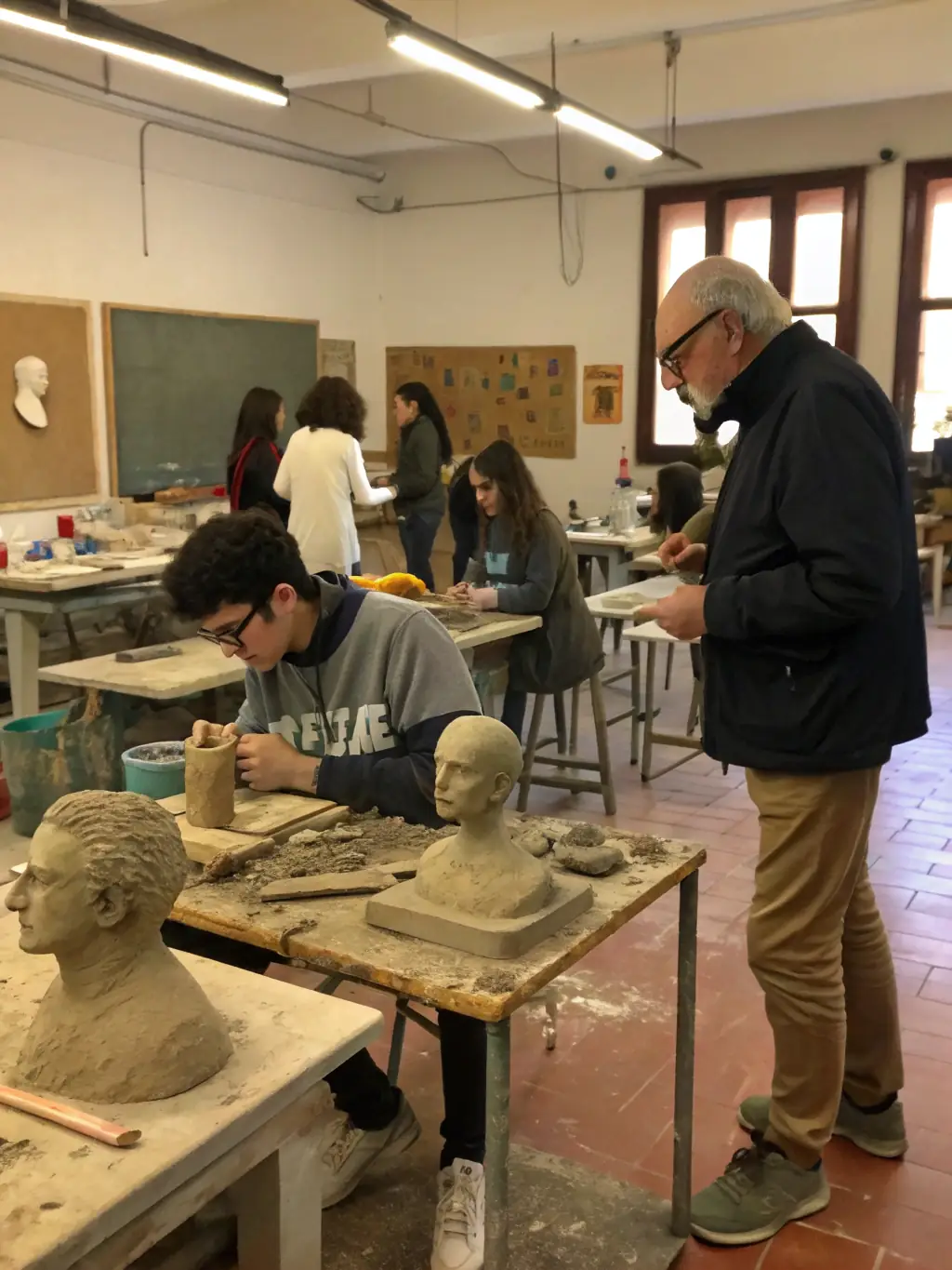 A photograph of a sculpture workshop in progress, with participants learning sculpting techniques from an instructor in a studio environment.